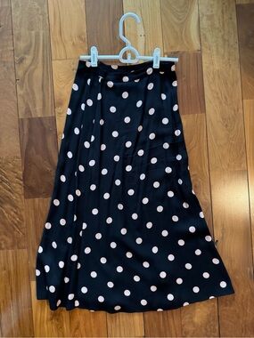 Reformation Black Midi Skirt with Light Pink Polka Dots